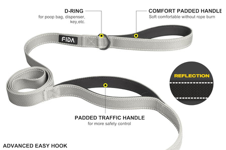 6 FT Heavy Duty Dog Leash with 2 Comfortable Padded Handles, Traffic Handle & Advanced Easy Snap Hook, Reflective Walking Lead for Large, Medium & Small Breed Dogs, Grey