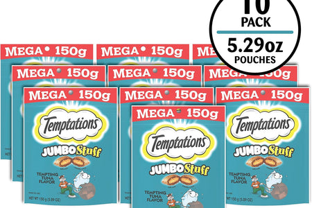 Jumbo Stuff Crunchy and Soft Cat Treats Tempting Tuna Flavor, (10) 5.3 Oz. Pouches