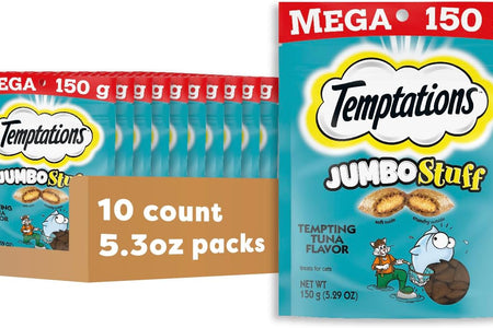 Jumbo Stuff Crunchy and Soft Cat Treats Tempting Tuna Flavor, (10) 5.3 Oz. Pouches